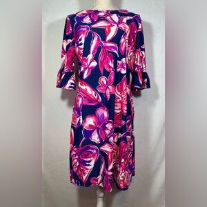 Aryeh NWT Elena Dress Women’s Size Large Ruffle Sleeve Vibrant Navy/Pink/Purple